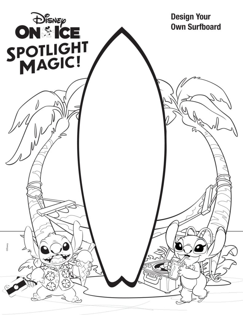 design your own surfboard - coloring sheet with Stitch & Angel