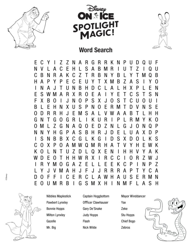 word search with characters from Zootopia